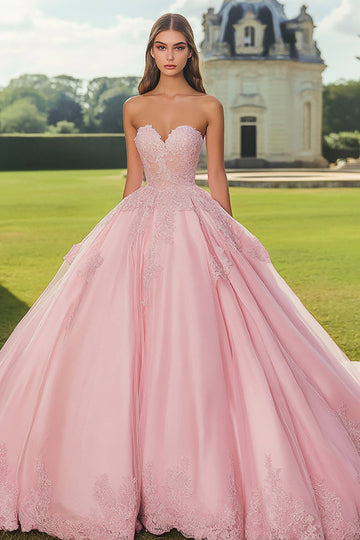 Pink Strapless Appliqued Ball Gown Quinceanera Dress